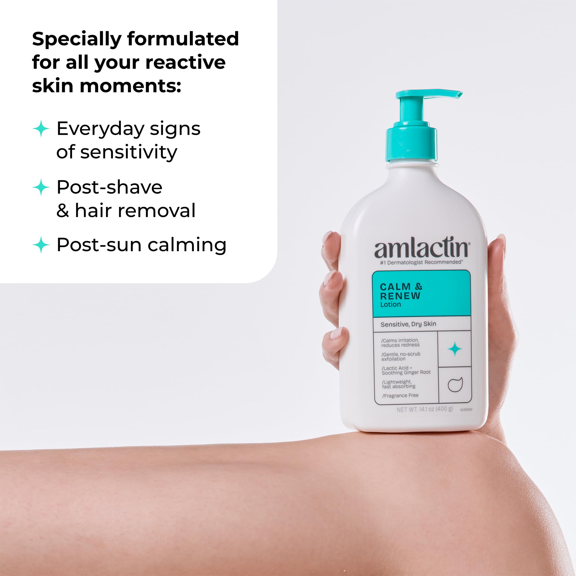 Amlactin bottle in hand to show 14.1 oz size and family-friendly volume benefit