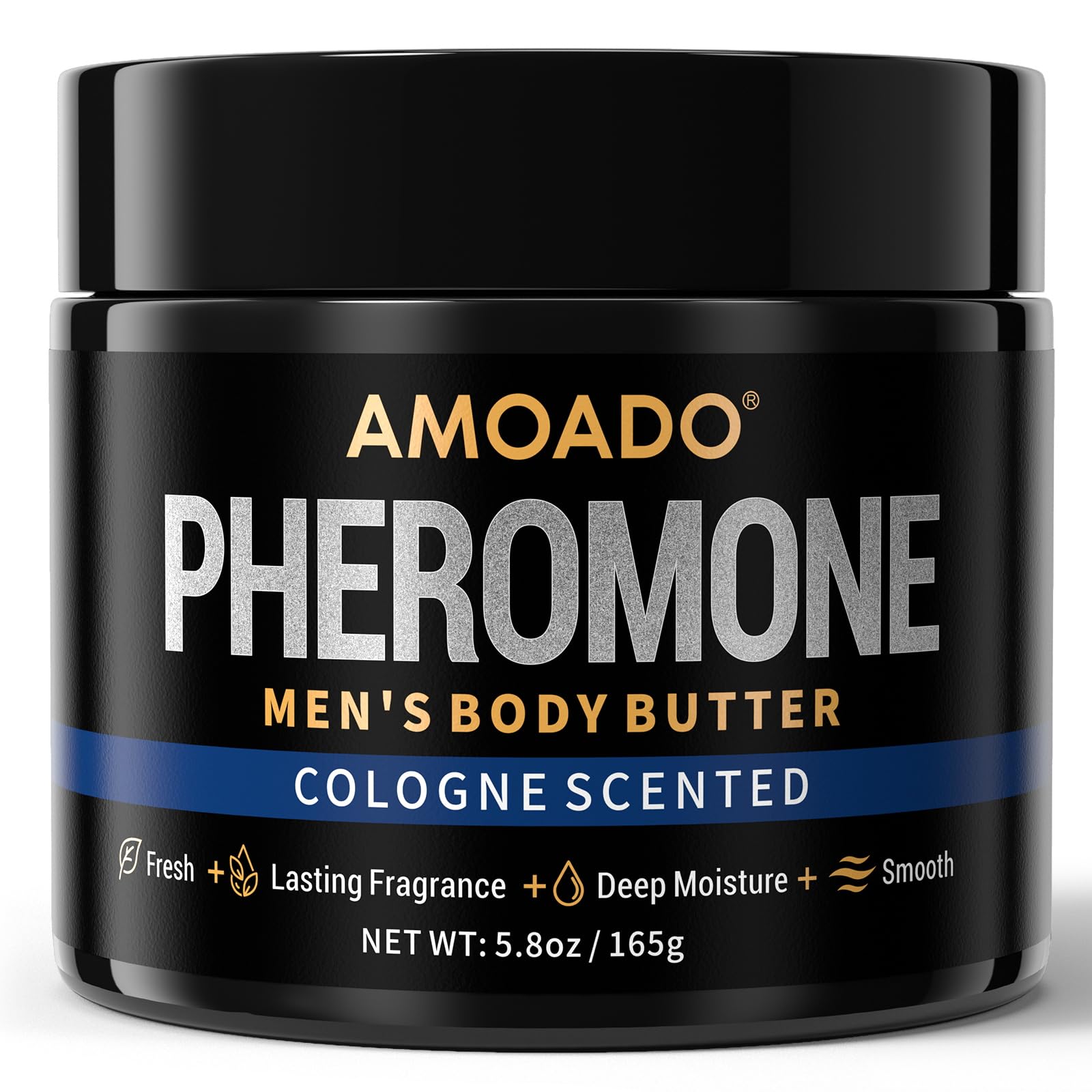 AMOADO front jar showing product label and size, highlights premium look