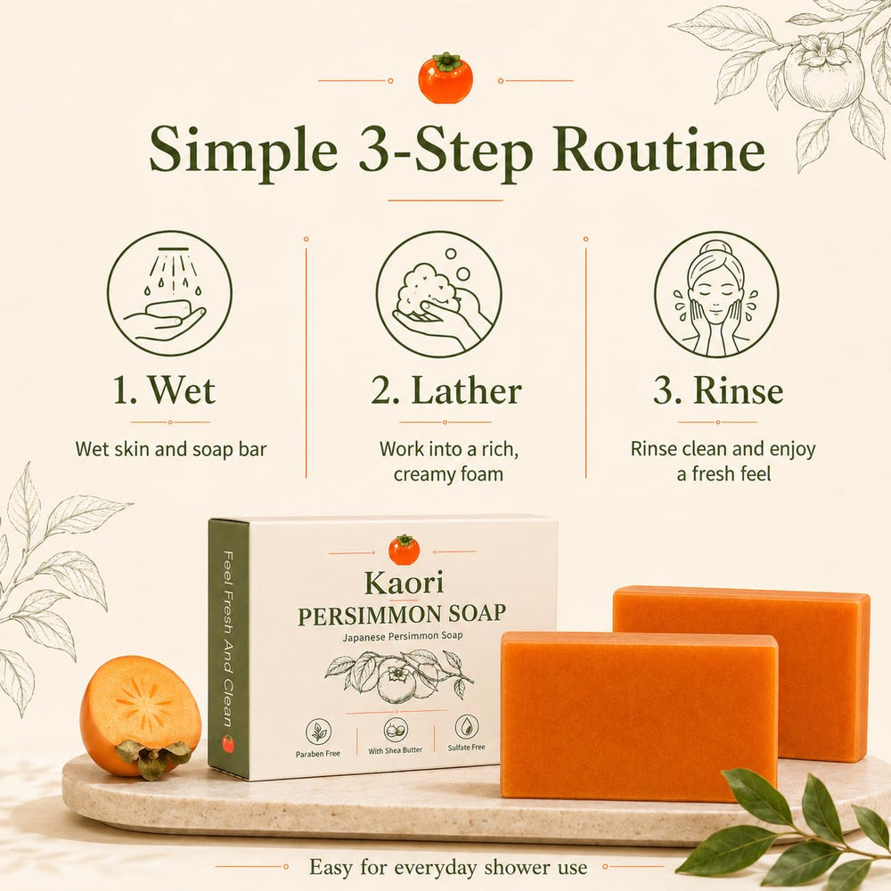 AMOQUCT soap on bathroom shelf conveying everyday freshness