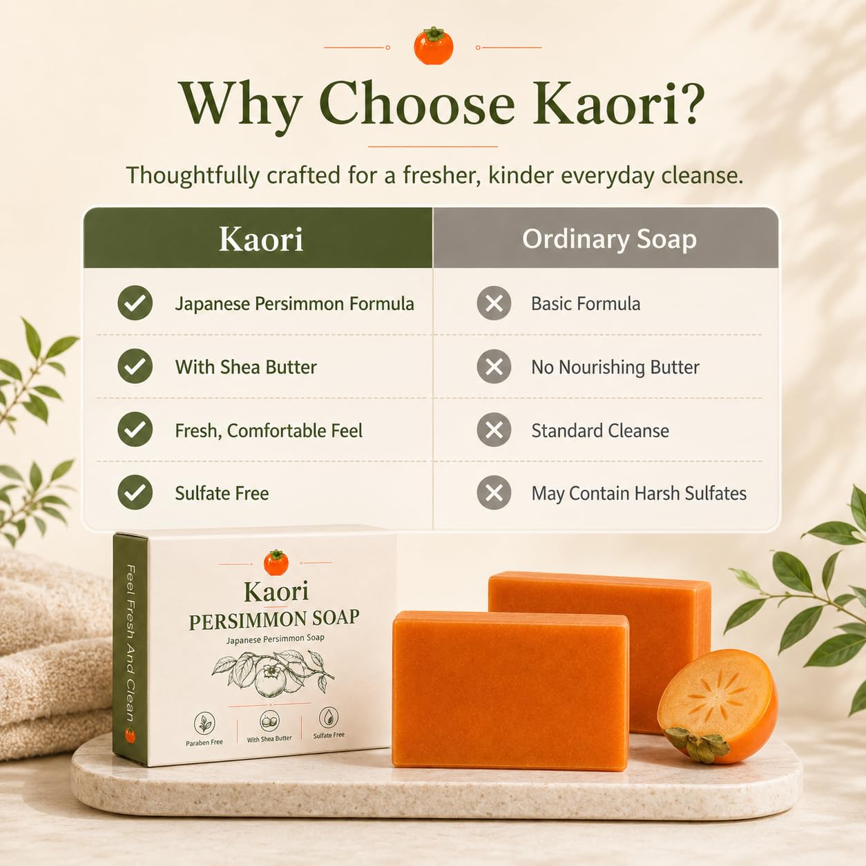 AMOQUCT soap beside ruler showing compact travel-friendly size