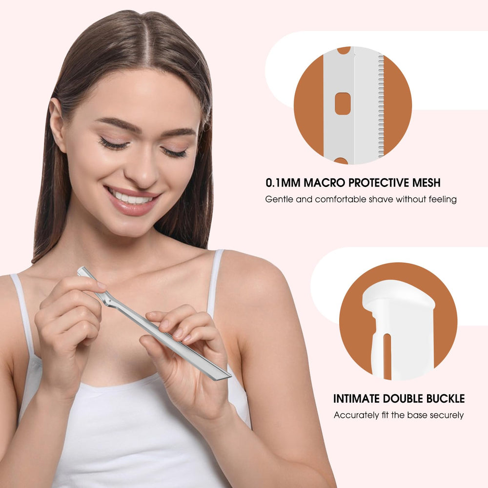Amrmcy blade installed on Tweezerman large facial razor showing secure fit and smoother strokes benefit