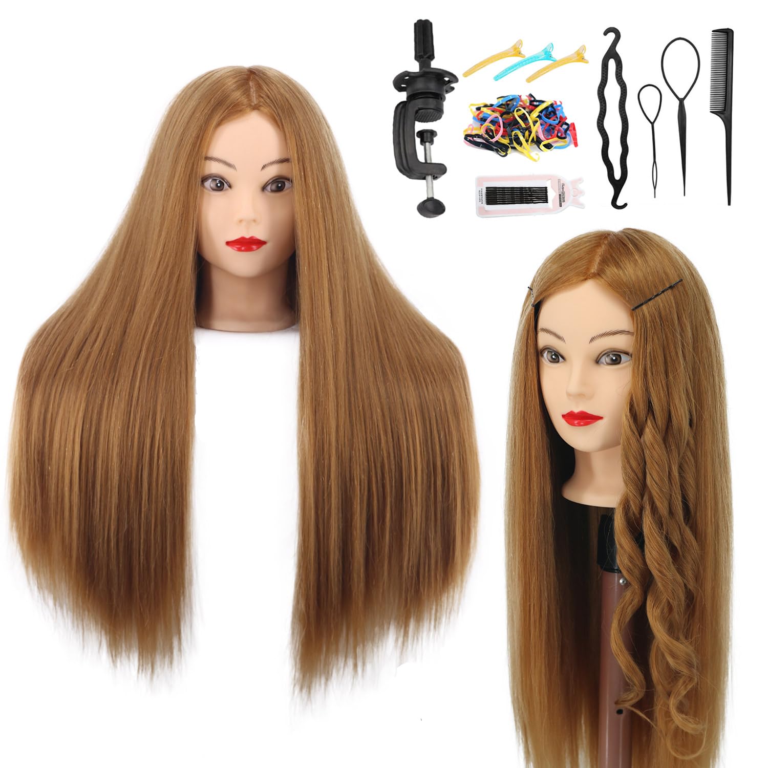 Amyqueen front view of mannequin head showing full long hair and natural look