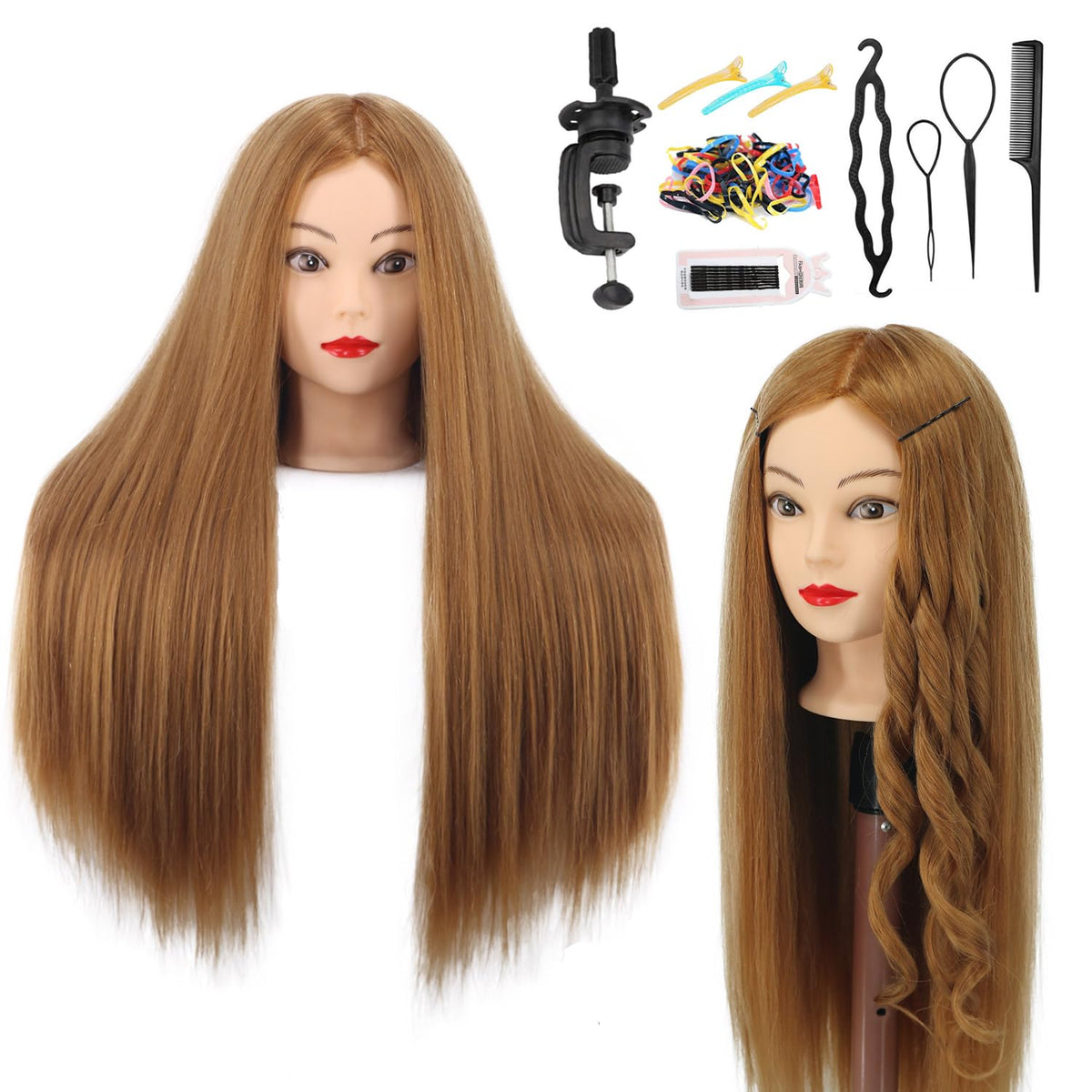 Amyqueen front view of mannequin head showing full long hair and natural look