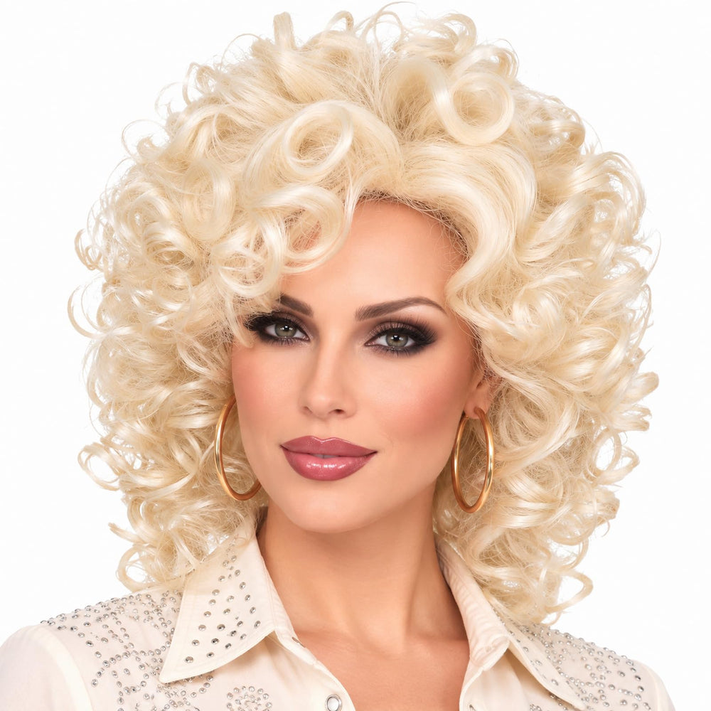 AMZCOS front view showing bold blonde curls and flattering volume