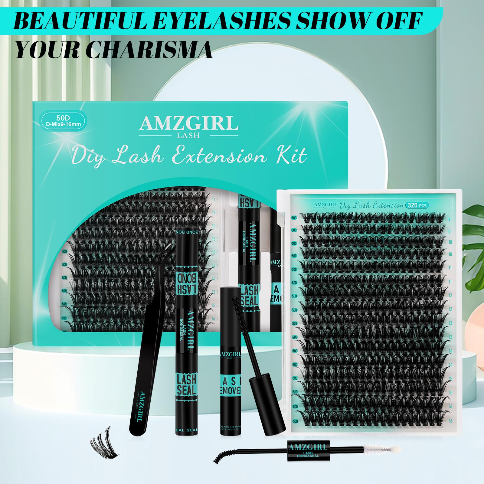 AMZGIRL lashes on a vanity with makeup tools showing convenience for at-home styling
