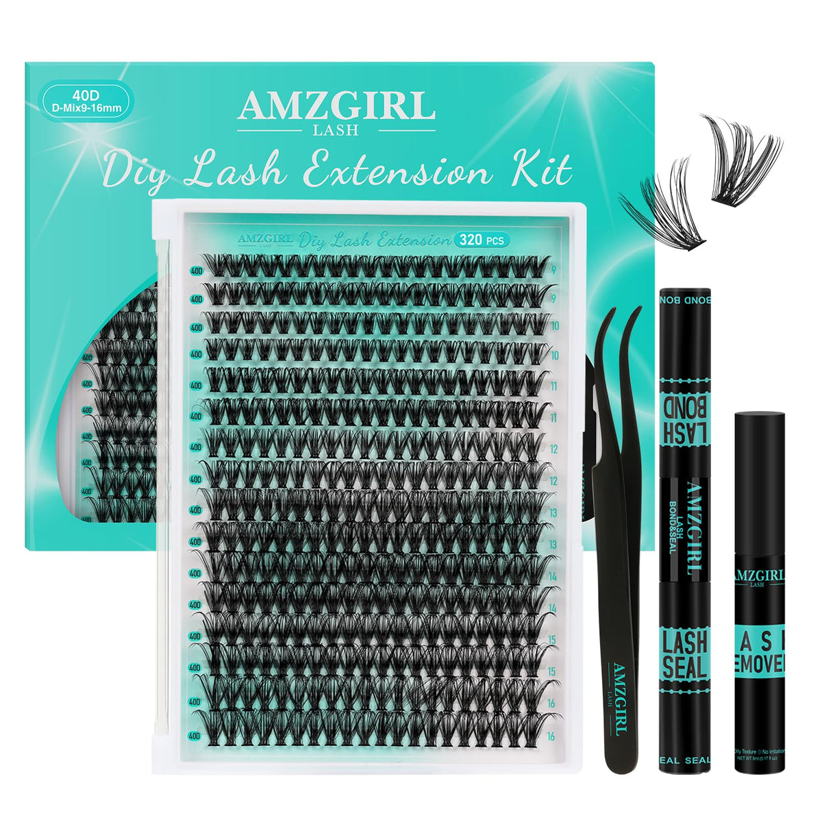 AMZGIRL kit front packaging showing complete at-home lash set and convenience
