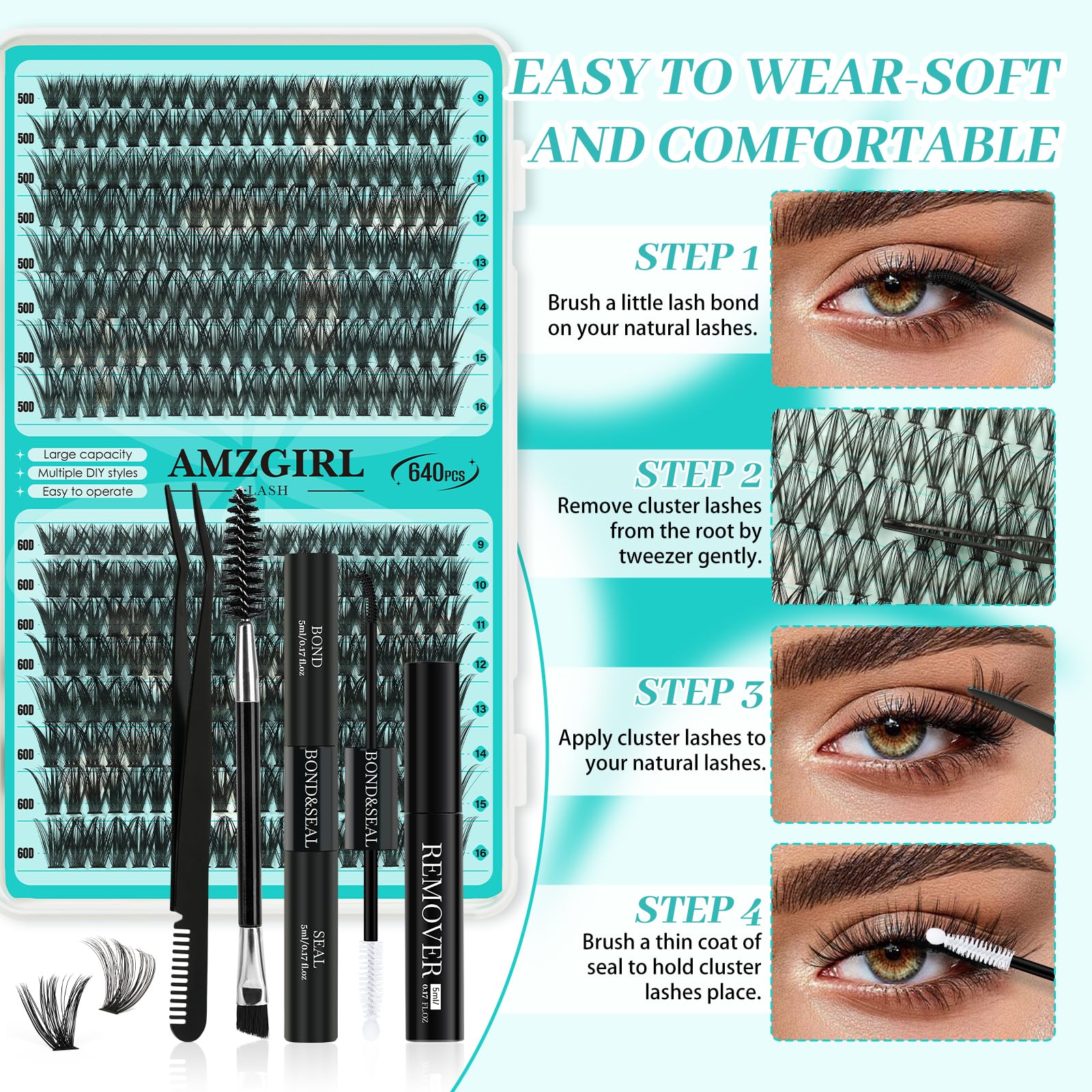 AMZGIRL blended clusters on an eye showing seamless integration and enhanced lash volume