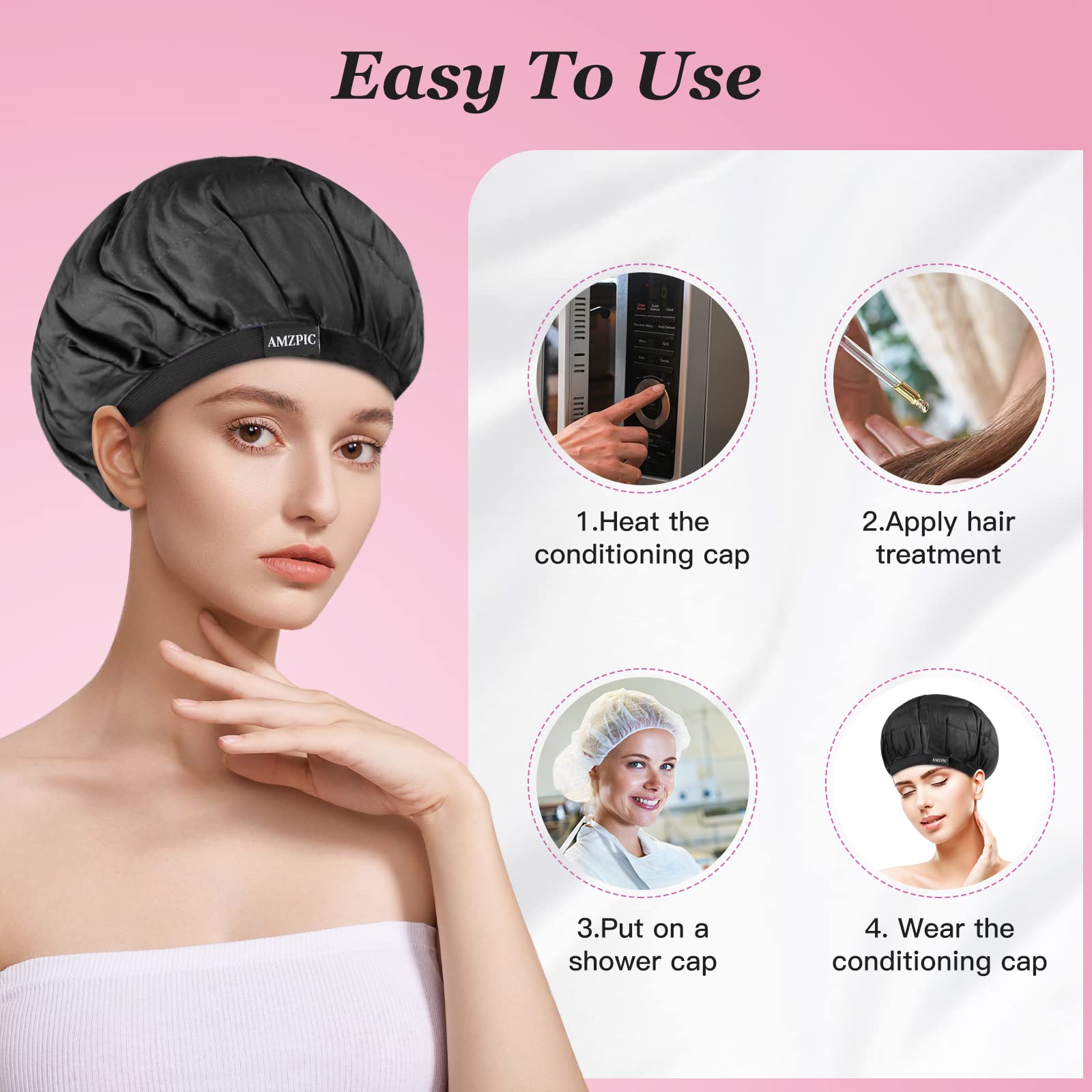 Amzpic heat cap on model demonstrating comfortable wear for treatments
