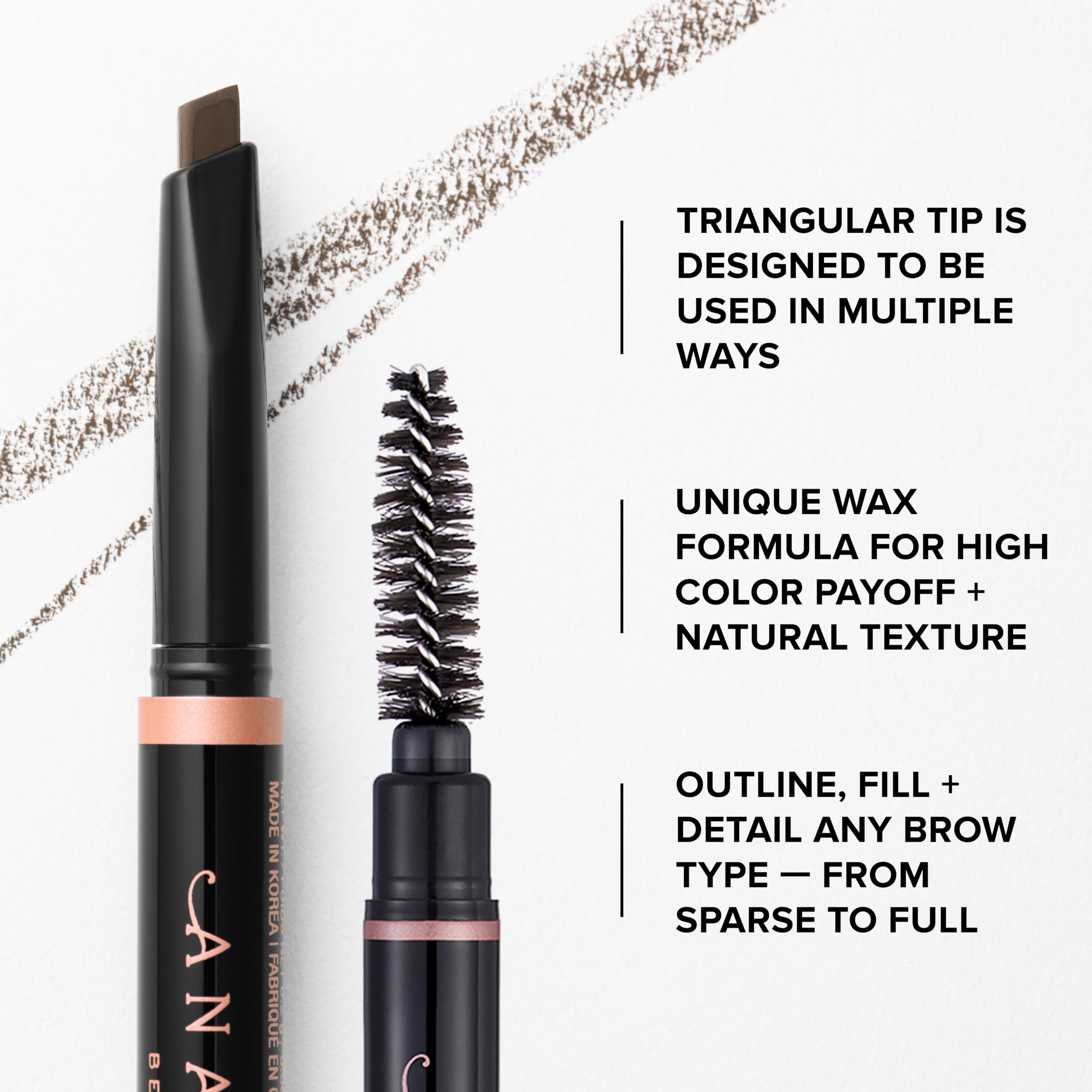 Anastasia Beverly Hills pencil held in hand to show compact travel-friendly scale