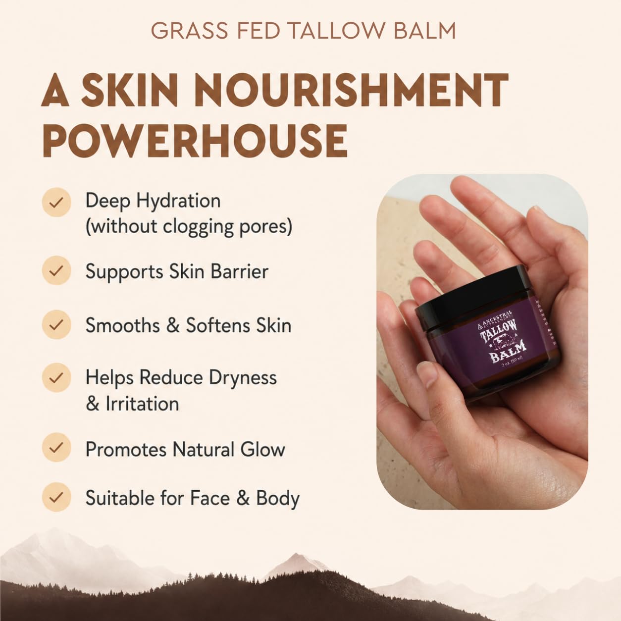 Ancestral Supplements balm on elbow illustrating smooth hydration of dry areas