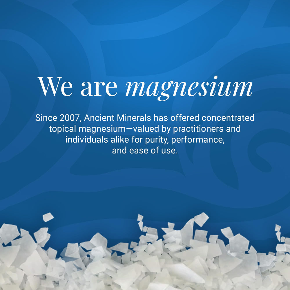 Ancient Minerals open jar revealing magnesium flakes and easy scoop access