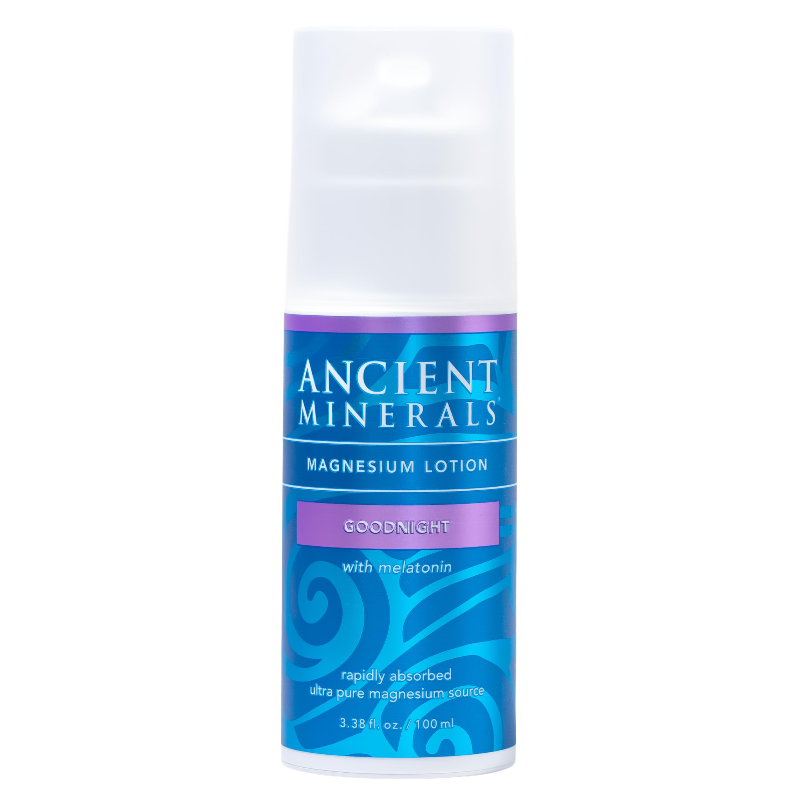 Ancient Minerals bottle front view showing clean nighttime magnesium formula benefit
