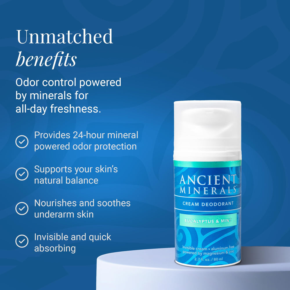 Ancient Minerals pump dispensing cream demonstrating easy, mess-free application