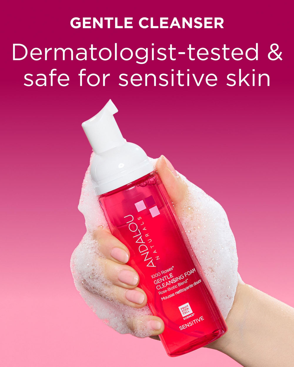 Andalou Naturals bottle in hand showing compact travel-friendly benefit