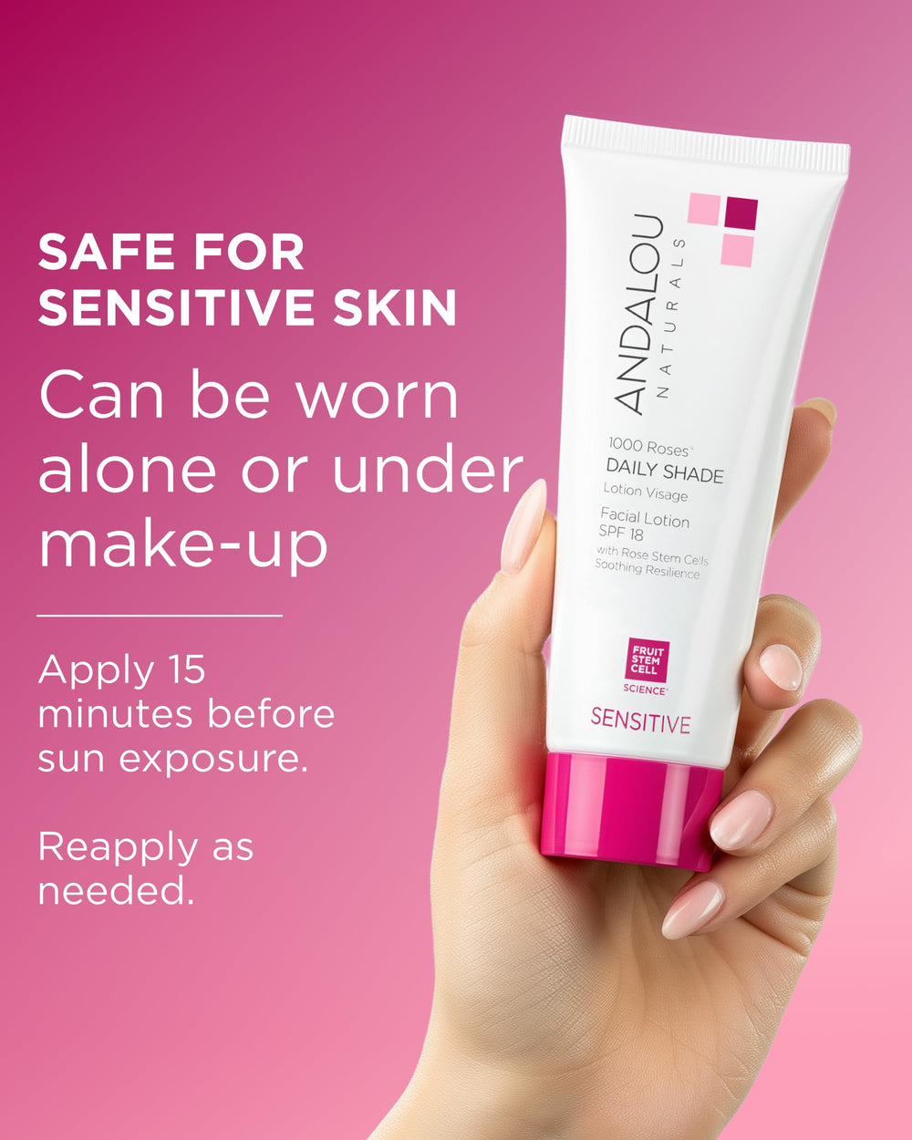 Andalou Naturals size in hand scale showing compact 2.7 fl oz travel-friendly benefit