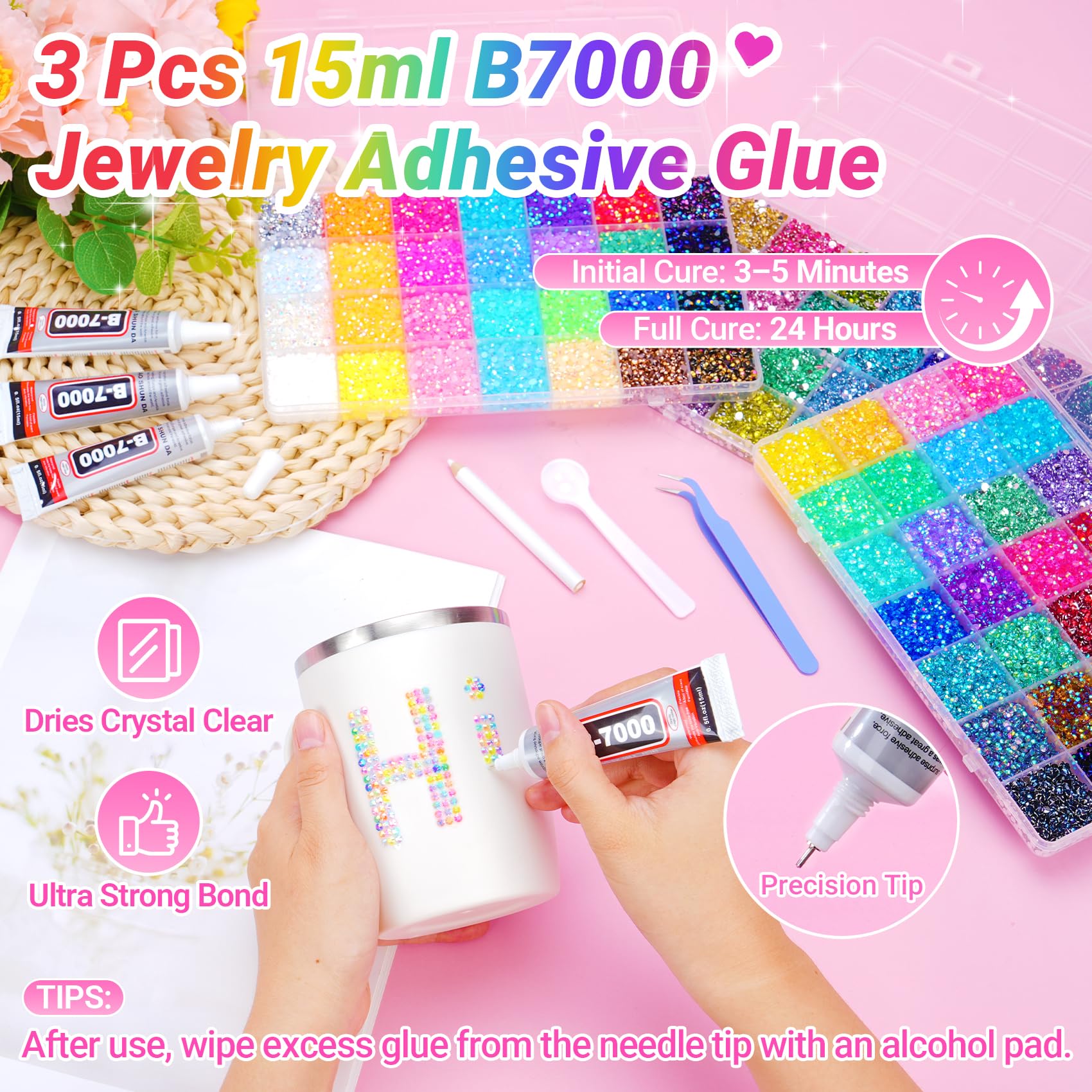 ANDGING close-up of 3mm jelly rhinestones showing multi-angle sparkle and vivid color