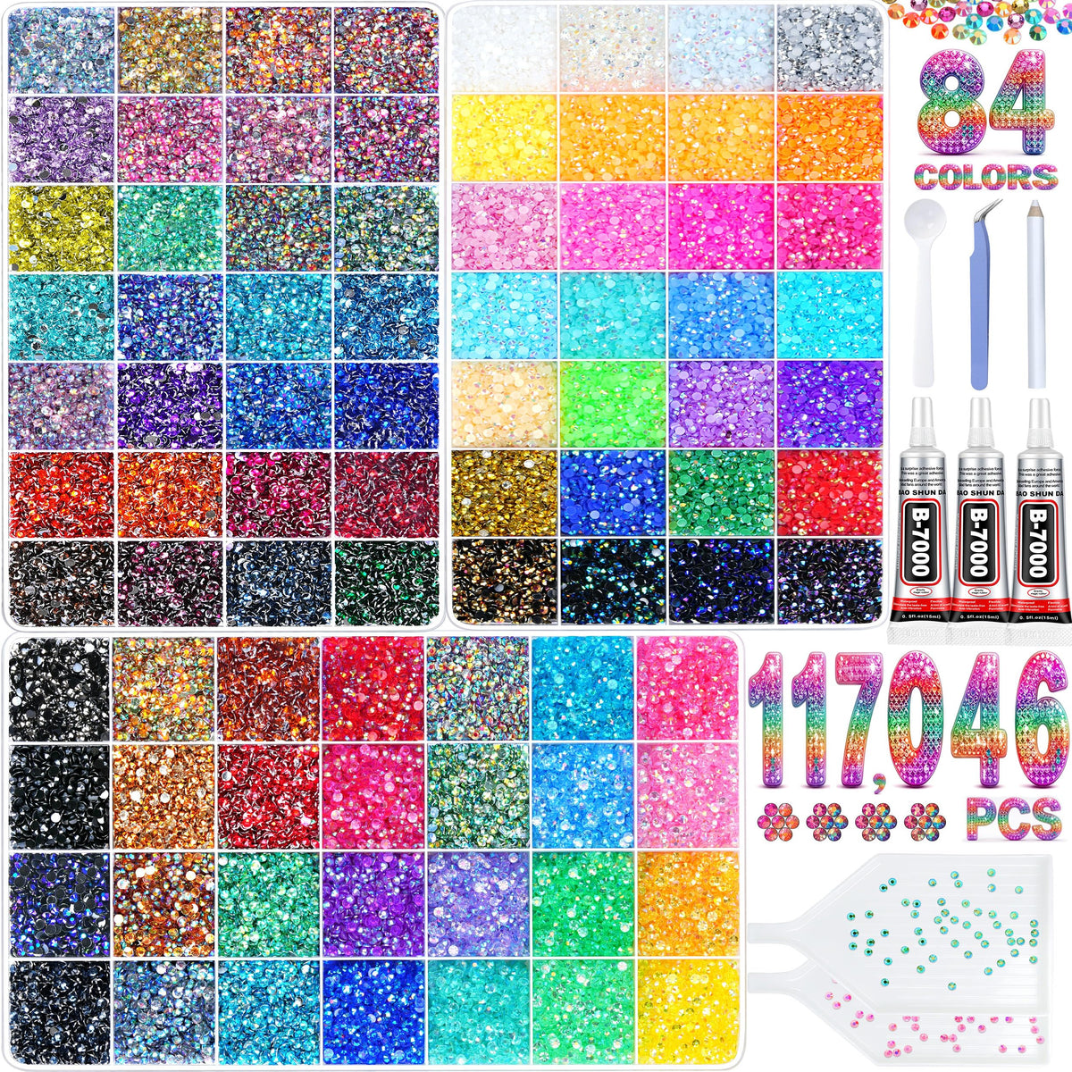 ANDGING front view of complete packed bedazzling kit showing boxes and tools for easy crafting