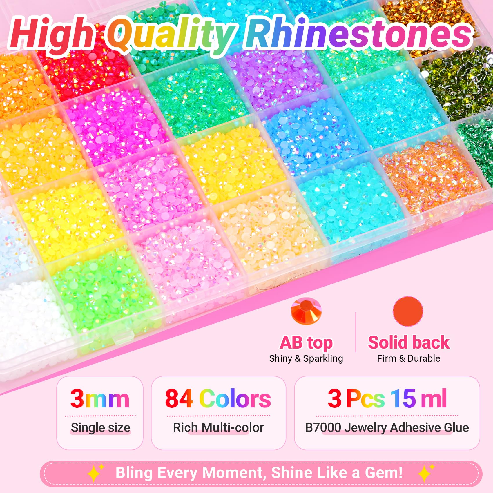 ANDGING rhinestones applied to a phone case demonstrating durable adhesion and bright finish