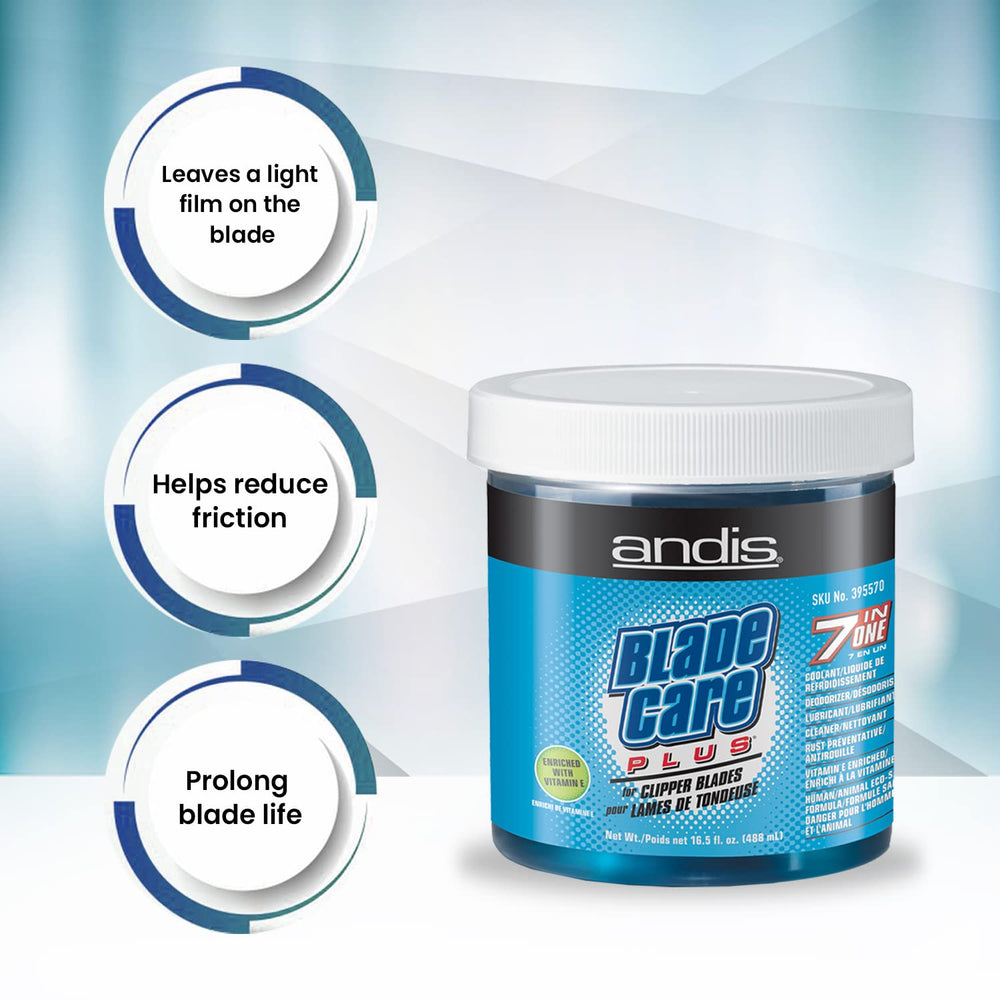 Andis Blade Care Plus blade being dipped close-up showing debris removal and cooling benefit