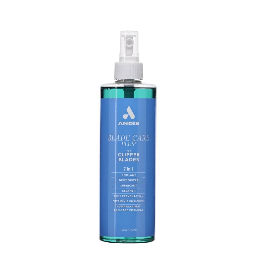 Andis Blade Care Plus front bottle showing spray nozzle and quick cooling benefit