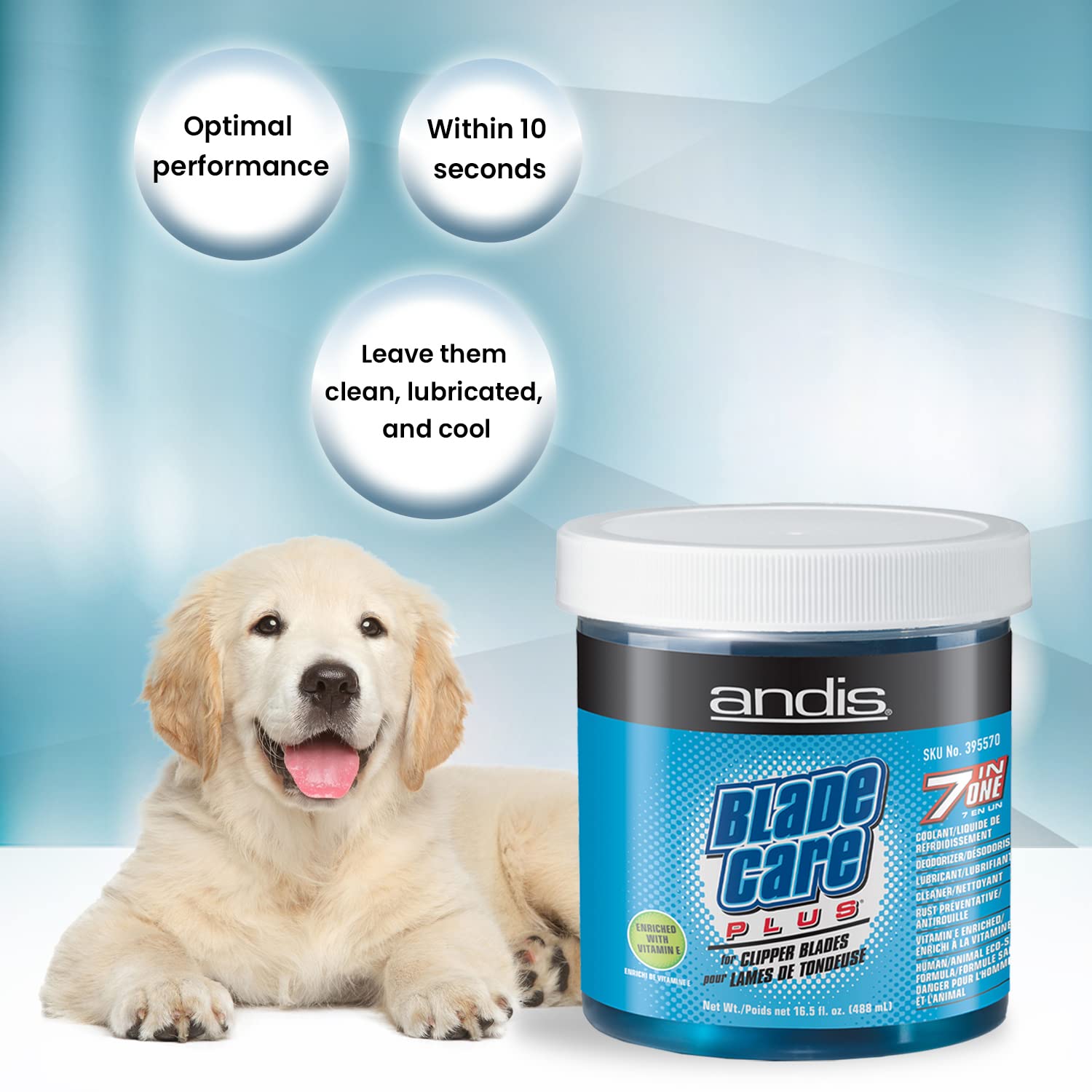 Andis Blade Care Plus label detail showing brand and usage instructions for reliable grooming care