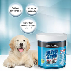 Andis Blade Care Plus label detail showing brand and usage instructions for reliable grooming care