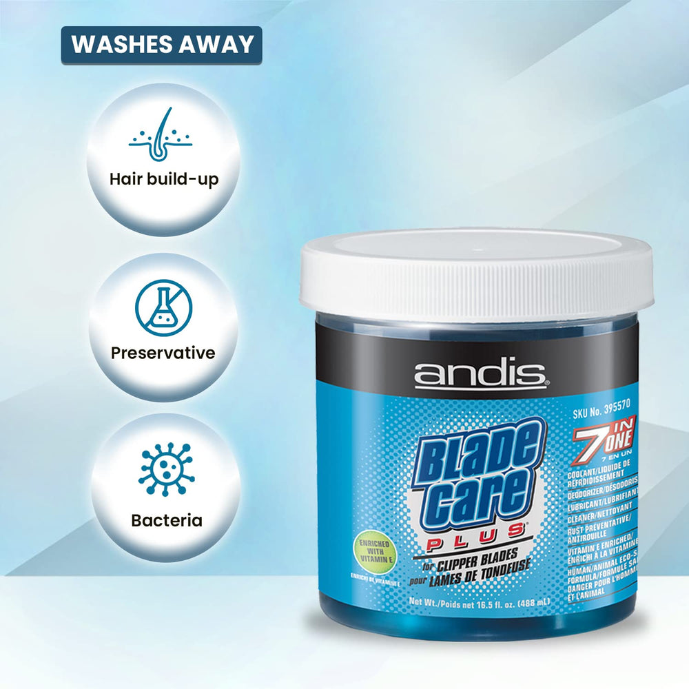Andis Blade Care Plus open jar with liquid visible for easy dip use and fast cleaning