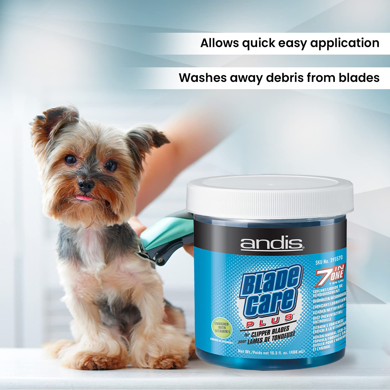 Andis Blade Care Plus next to ruler showing 488 ml capacity and space-saving professional benefit