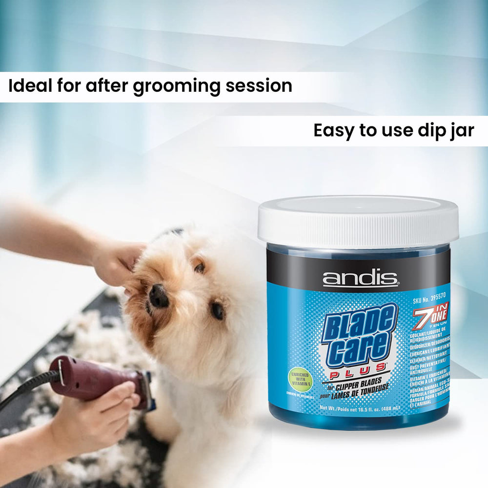 Close-up droplet of Andis Blade Care Plus solution showing smooth texture and lubricating benefit