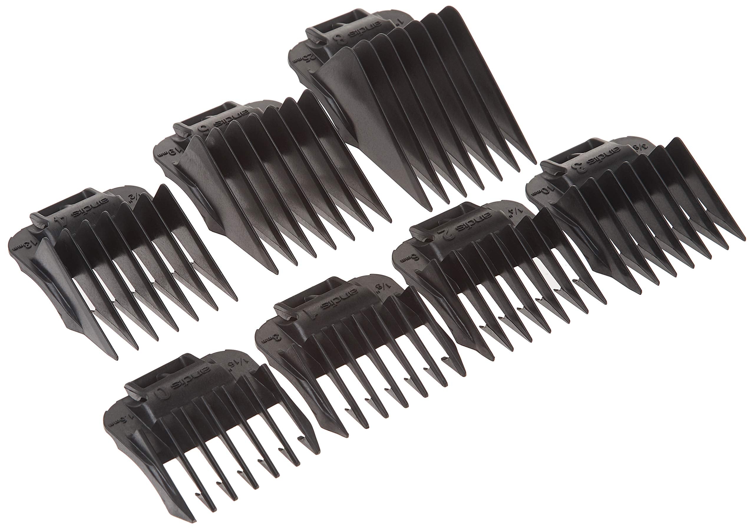 Andis front packaging showing the seven-piece comb set and professional benefit