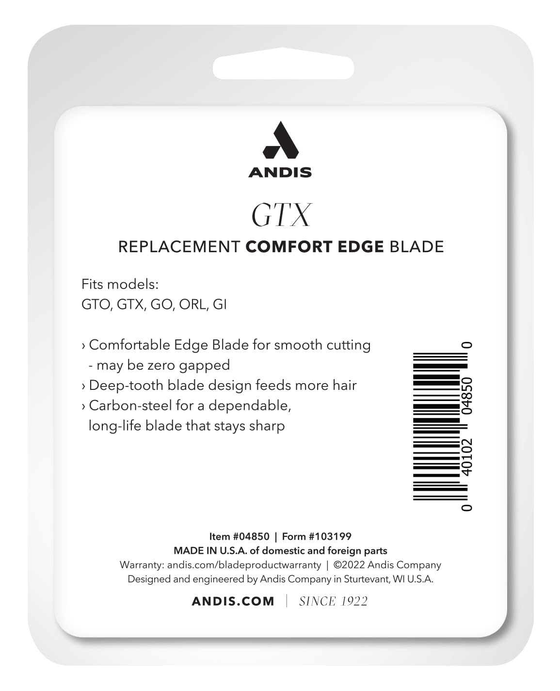 Andis GTX blade beside coin for scale showing compact size and easy interchangeability