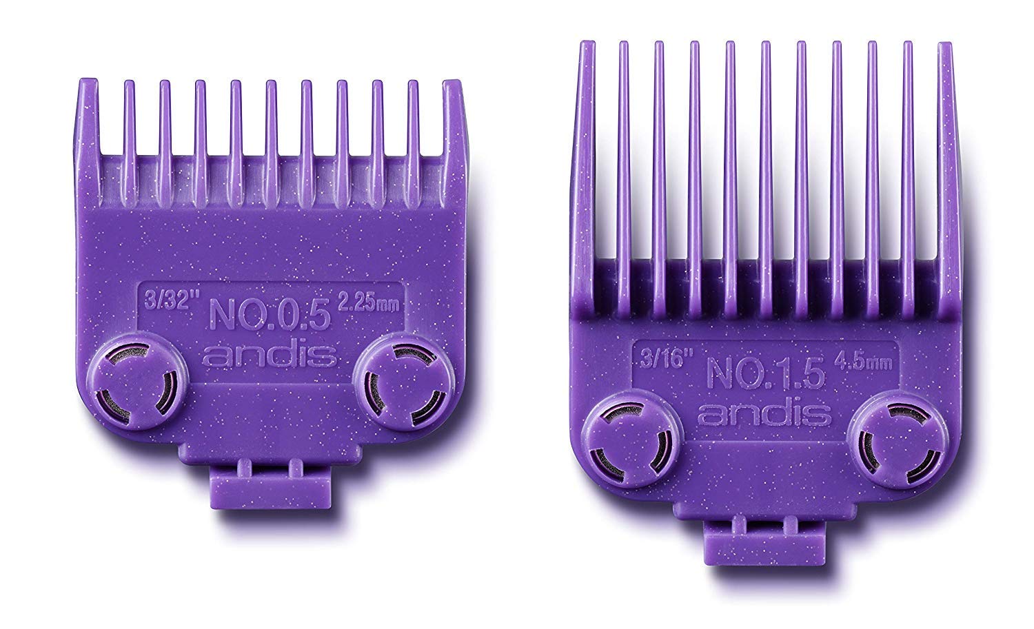 Andis magnetic combs front view showing purple guards and strong fit