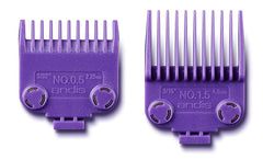 Andis magnetic combs front view showing purple guards and strong fit