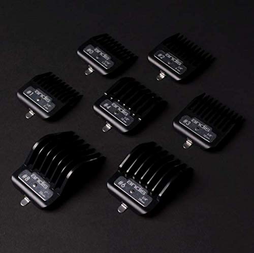 Andis layout of seven sizes labeled from 1/16" to 1" for easy selection and precision