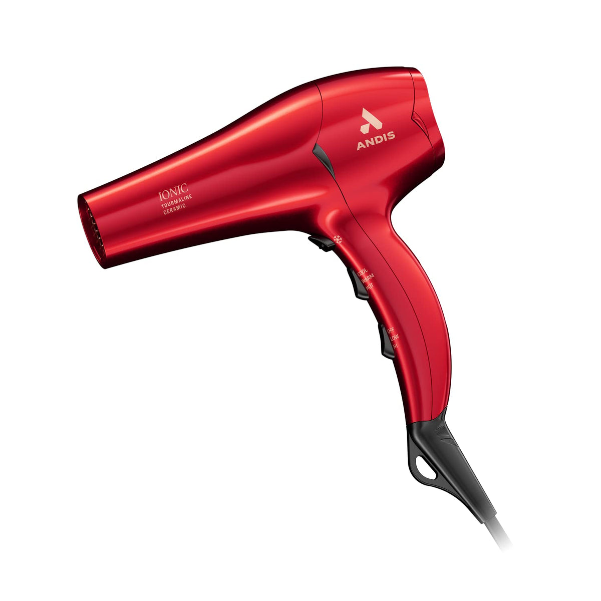 Andis front view showing controls and glossy red finish for precise styling