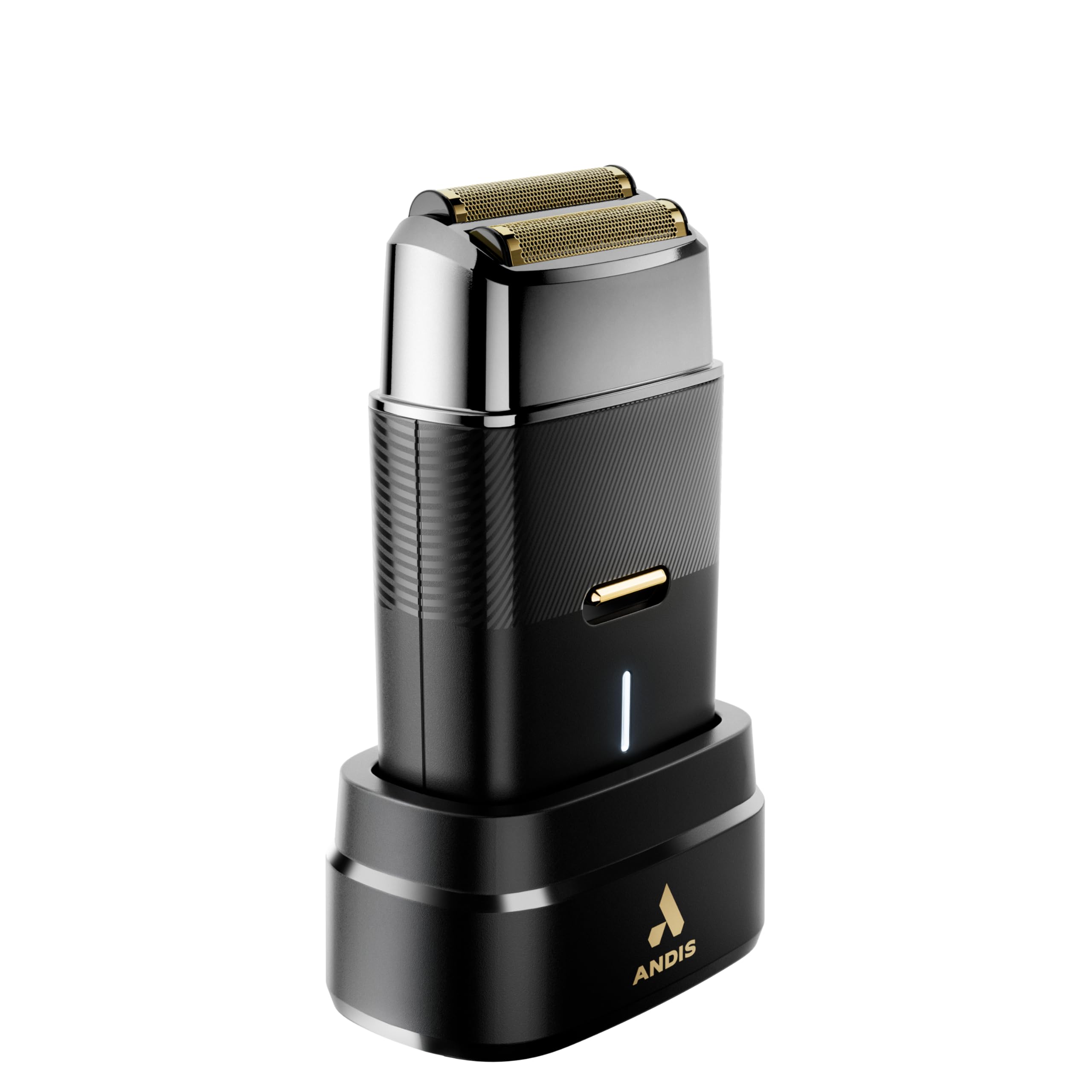 Andis box with accessories showing included charging stand and portability benefit