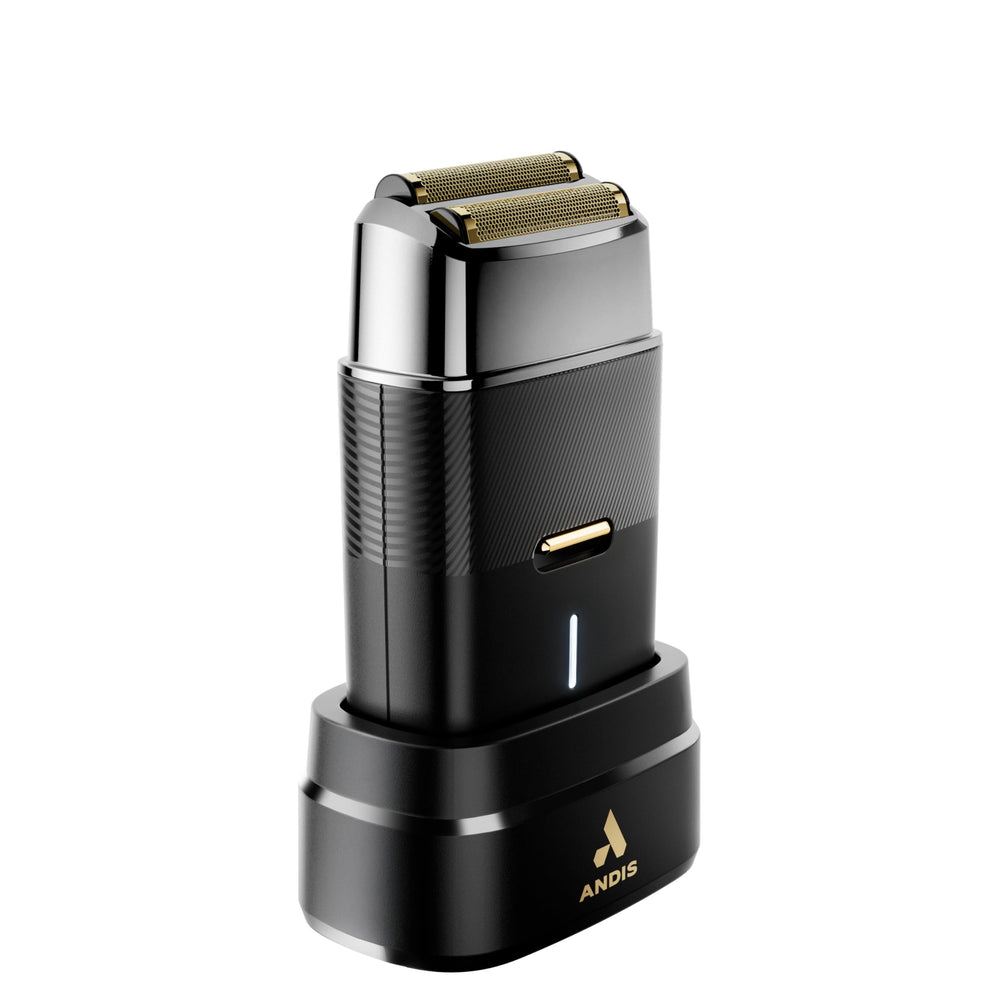 Andis box with accessories showing included charging stand and portability benefit