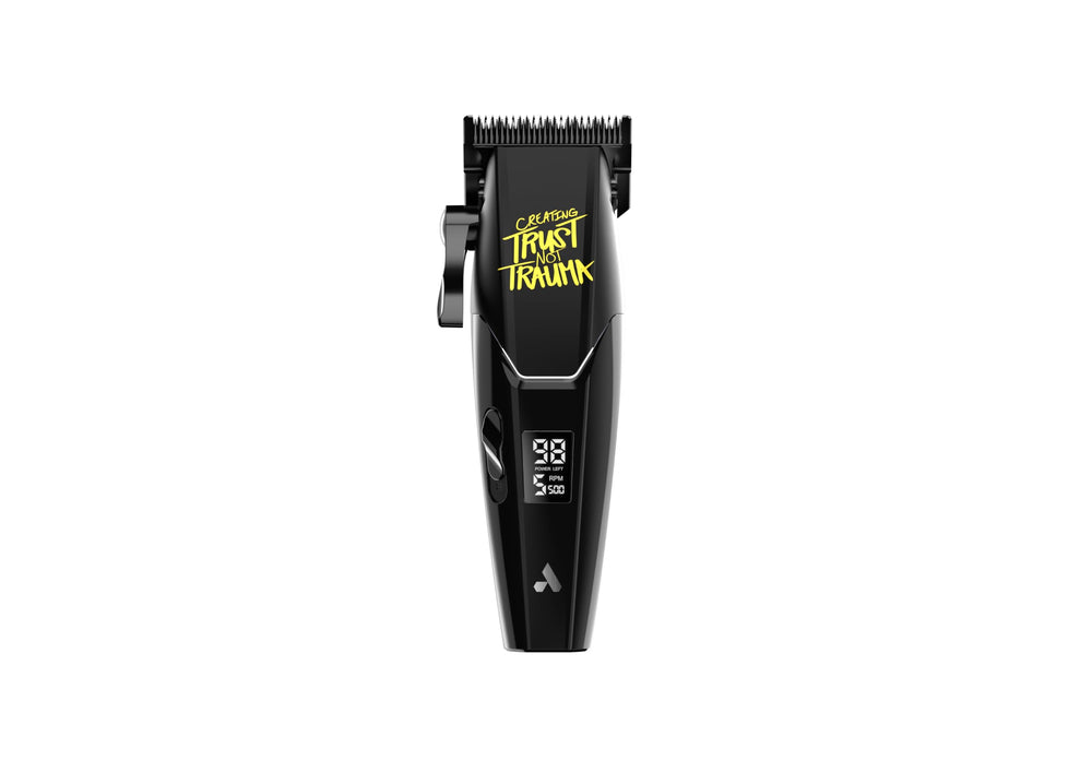 Andis Zephyr front view showing quiet cordless design and ergonomic grip benefit