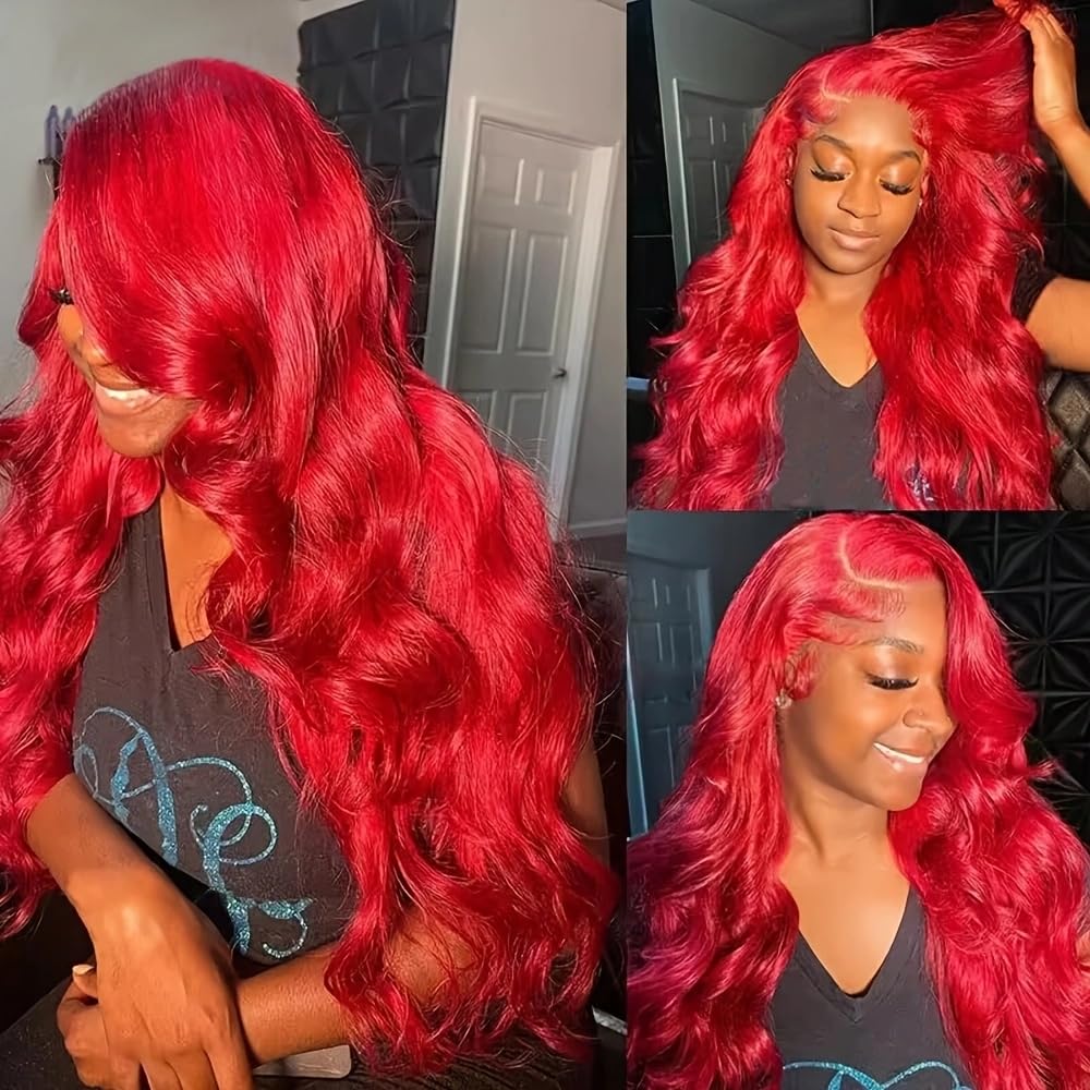 ANDRIA lifestyle model wearing bright red wig for confidence boost