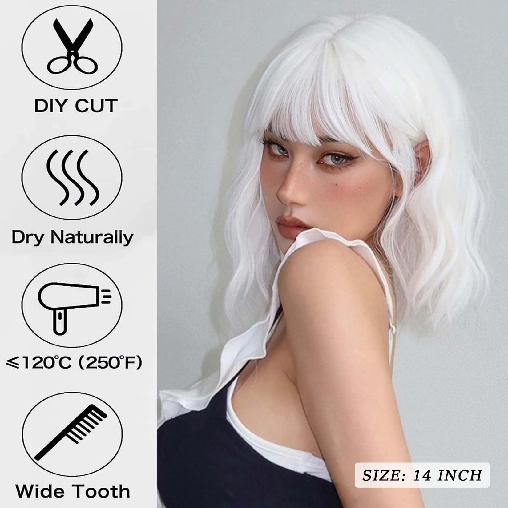 andromeda wig next to ruler showing 14-inch length and lightweight 180g benefit