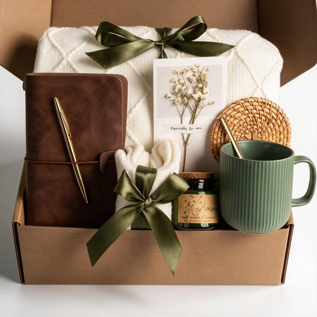 Anforsun olive green basket front packaging showing ready-to-gift appeal