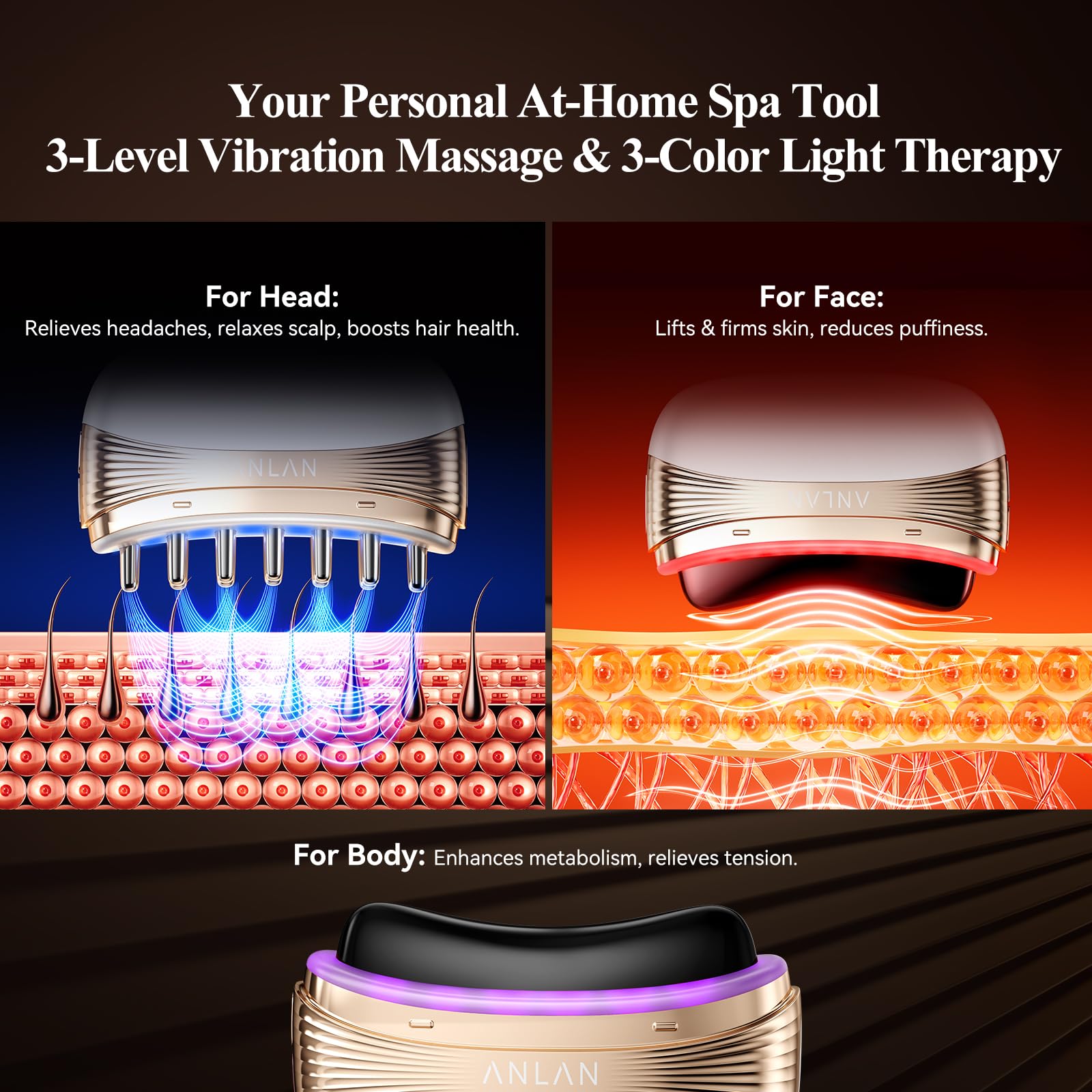 ANLAN device LEDs glowing red blue and purple demonstrating therapy mode options
