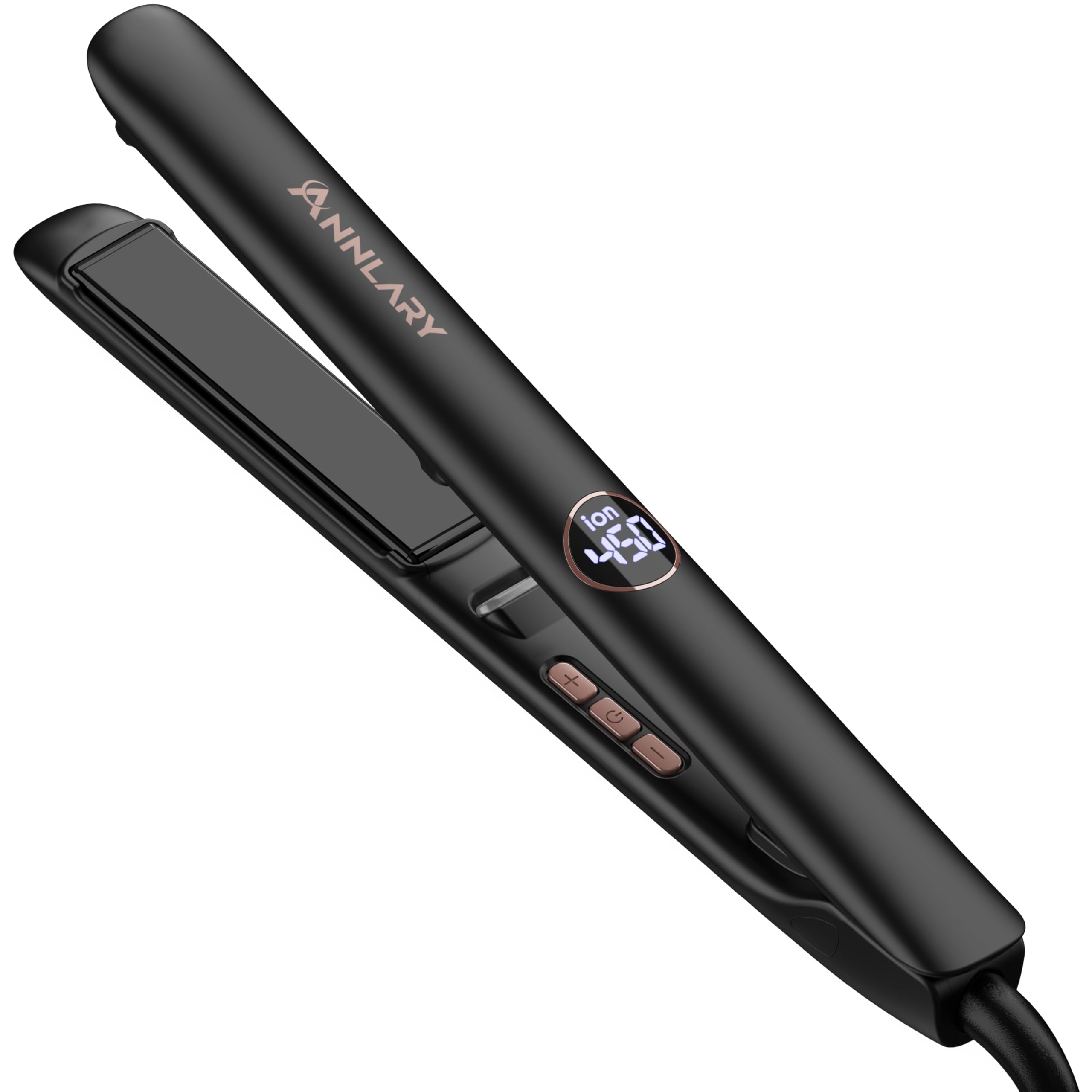 ANNLARY flat iron front view showing sleek body and plates for quick styling
