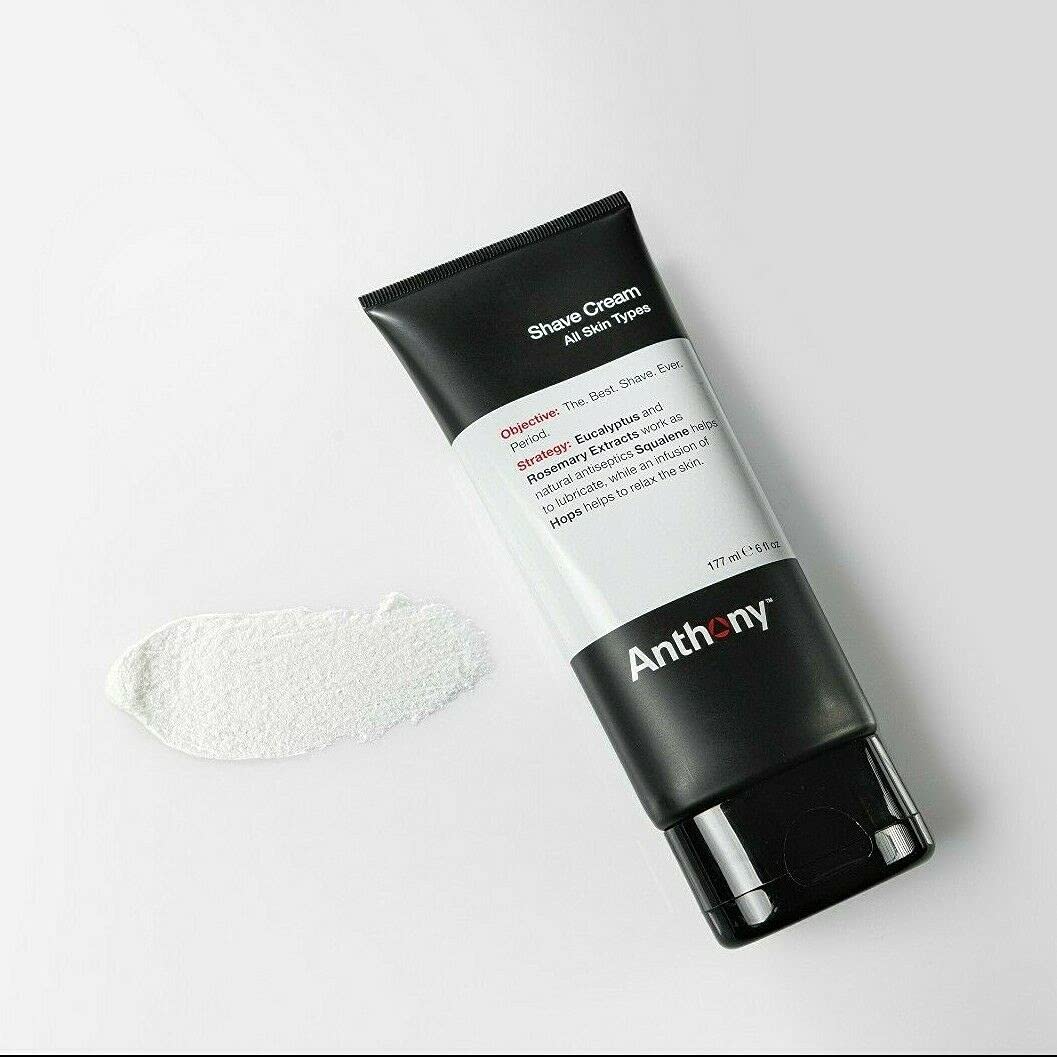 Anthony shaving cream next to travel tube showing 6 fl oz size and portability benefit