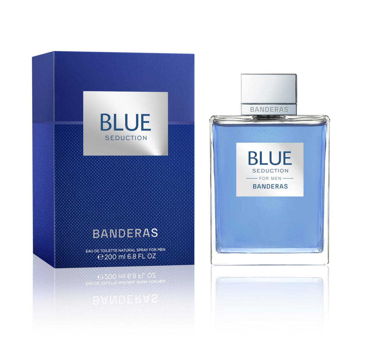 Antonio Banderas Blue Seduction front bottle showing sleek design and large 200 ml size benefit