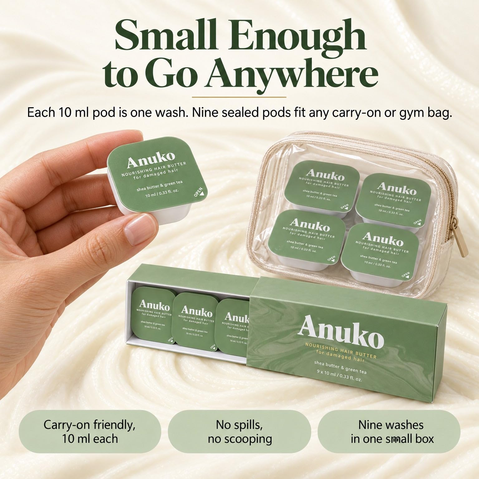 Anuko brand pods inside a gym bag to illustrate travel-ready hair care