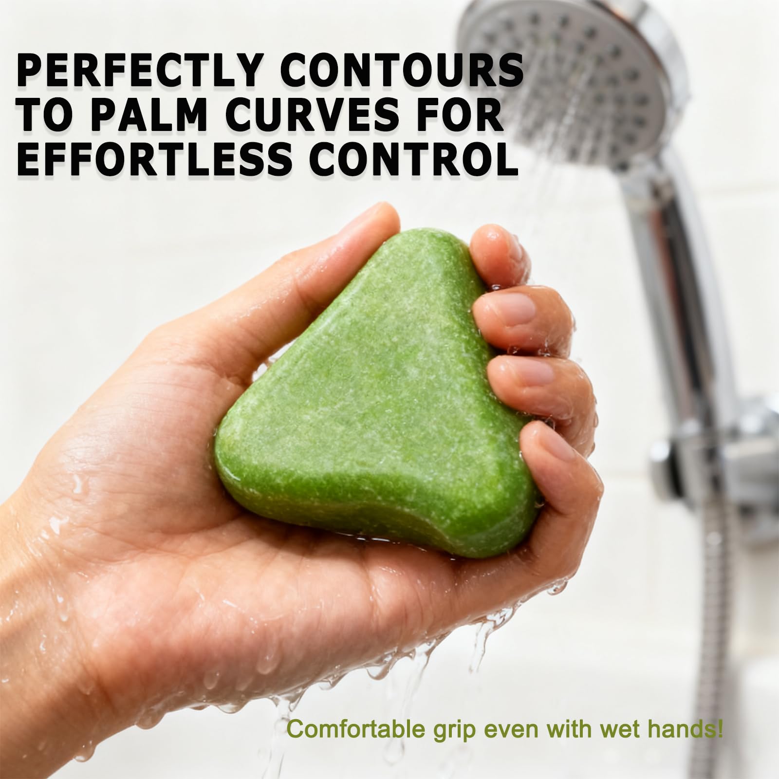 Anweina applying bar to wet hair showing gentle cleansing action