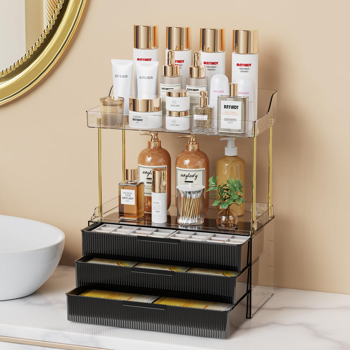 Anylady front view vanity organizer in deep black showing modular tiers and drawers for neat storage