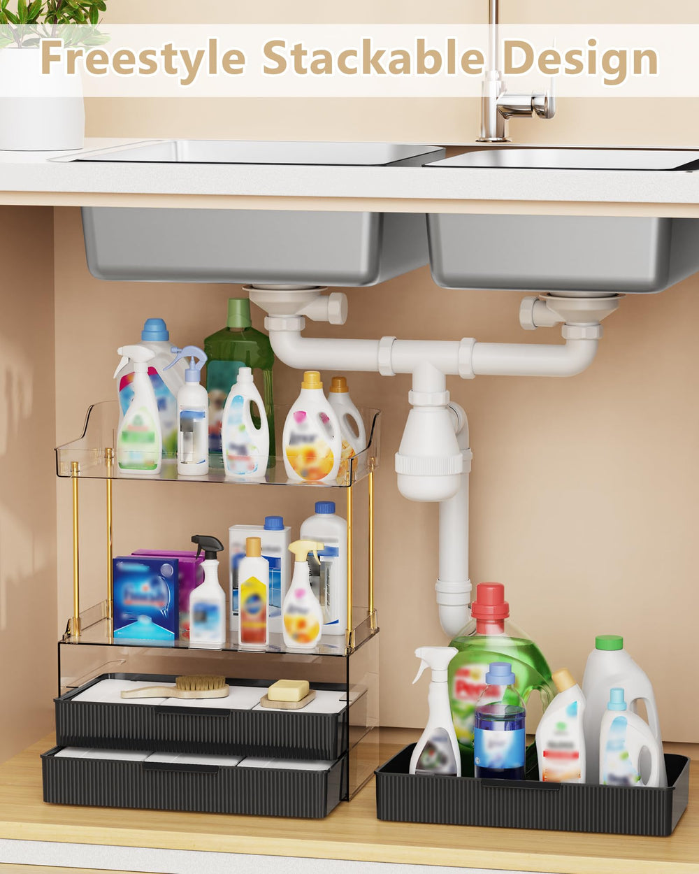 Anylady on bathroom counter in lifestyle scene adding stylish, space-saving organization