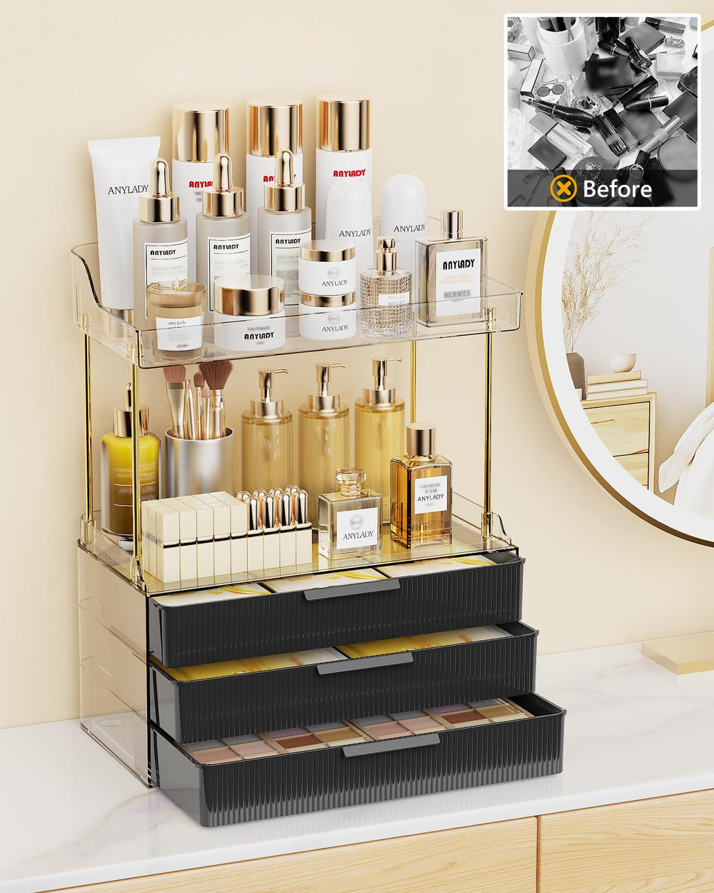 Anylady top trays loaded with perfumes and makeup for quick access and organized routine